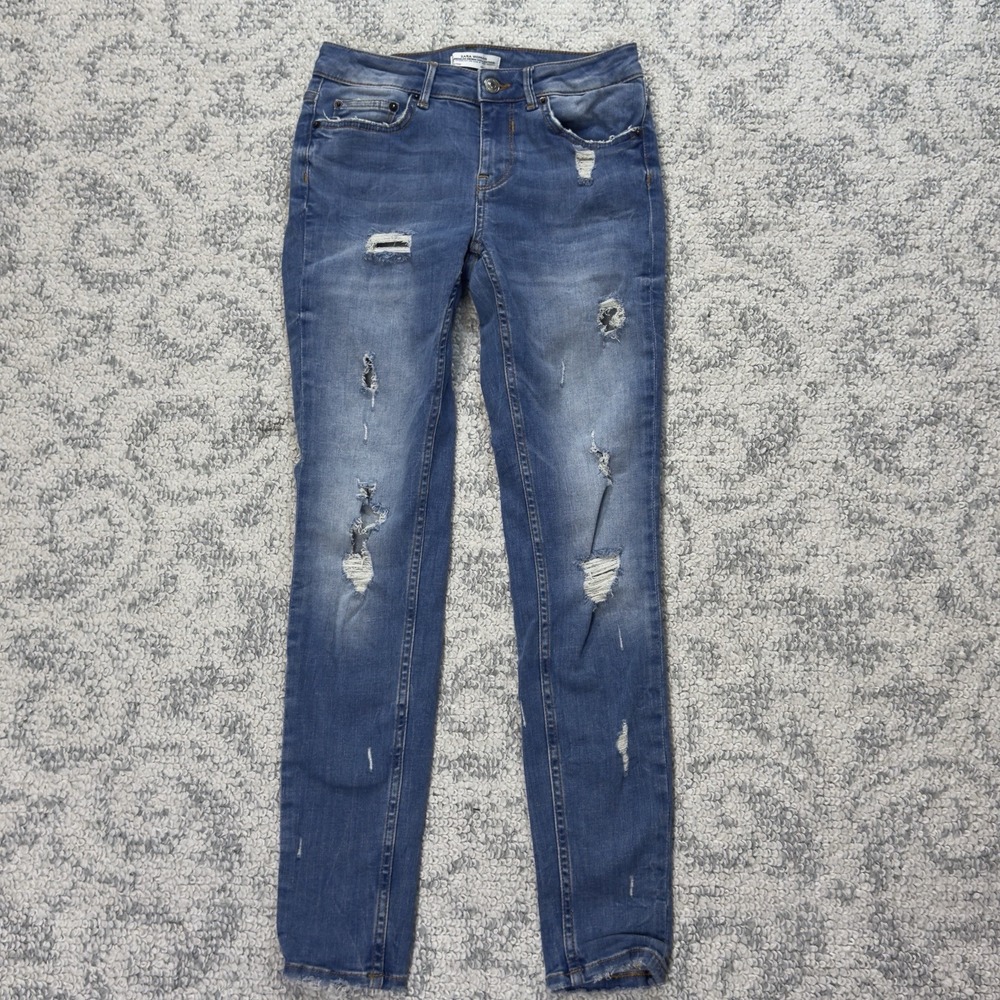 Zara Woman Premium Denim Collection Distressed Jeans Size 2 Slim‎ Ankle Low Rise